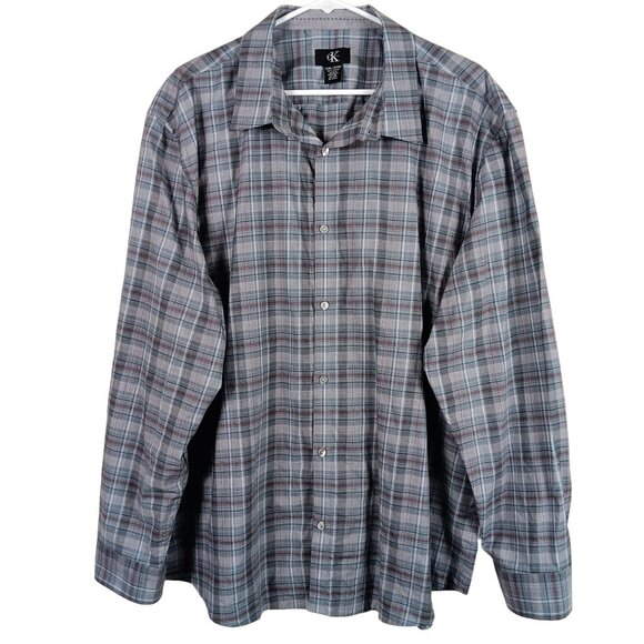 Calvin Klein Plaid Long Sleeve Button Up Shirt Mens Size XXL Gray Career Wear - Picture 1 of 7